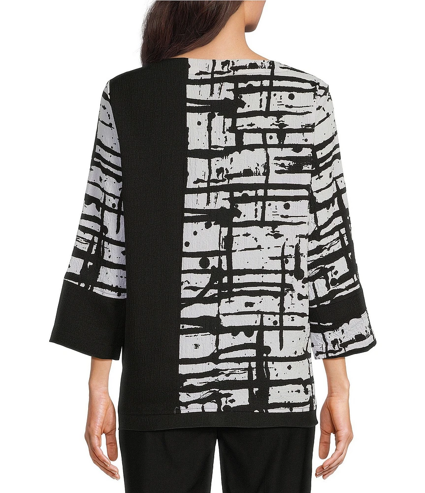 Ali Miles Mixed-Media Printed Round Neck 3/4 Sleeve Top