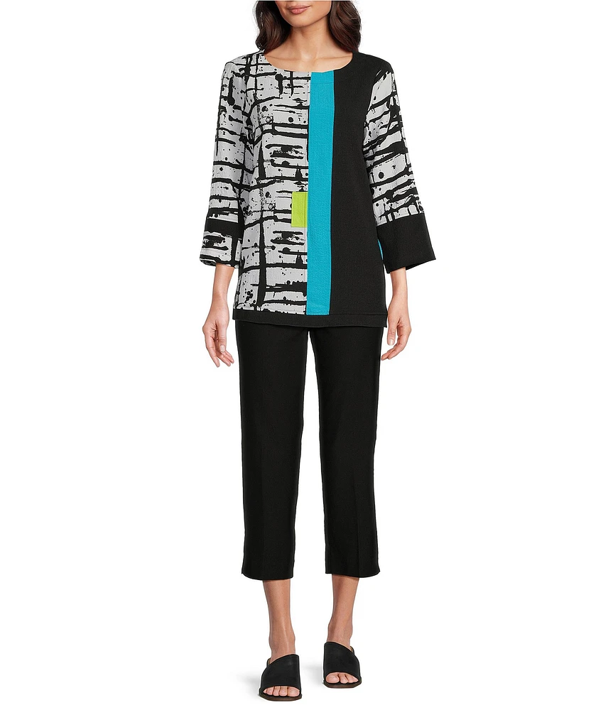 Ali Miles Mixed-Media Printed Round Neck 3/4 Sleeve Top