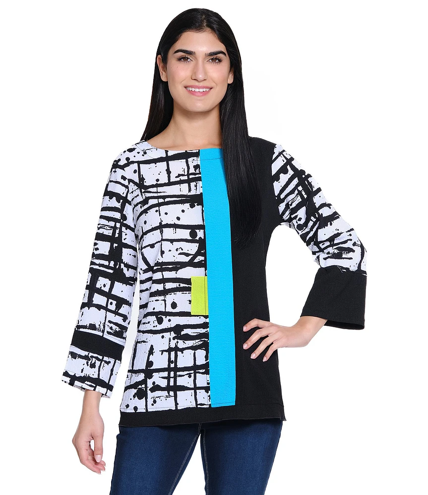 Ali Miles Mixed-Media Printed Round Neck 3/4 Sleeve Top