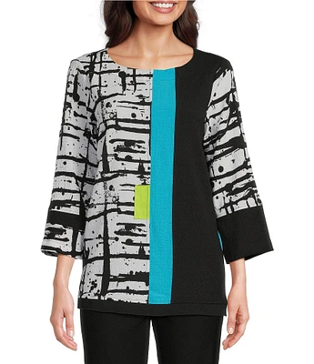 Ali Miles Petite Size Mixed-Media Printed Round Neck 3/4 Sleeve Top