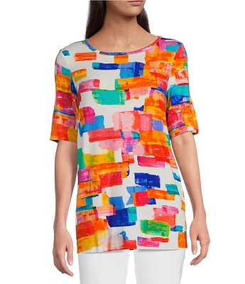 Ali Miles Petite Size Printed Knit Round Neck 3/4 Sleeve Top