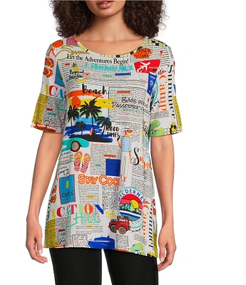 Ali Miles Petite Size Printed Round Neck Short Sleeve Tunic