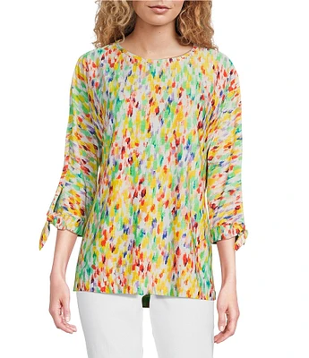 Ali Miles Petite Size Textured Knit Printed Round Neck 3/4 Tie Sleeve Shirttail Hem Tunic