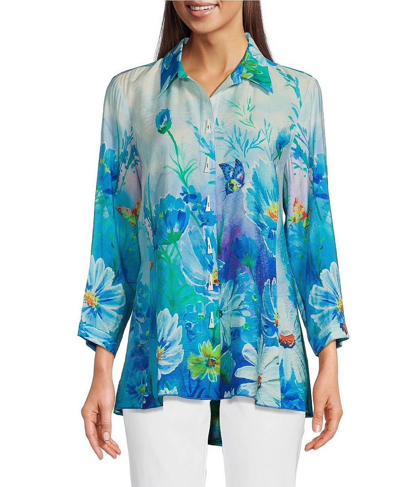 Ali Miles Petite Size Woven Floral Printed Point Collar 3/4 Sleeve Button Front Tunic