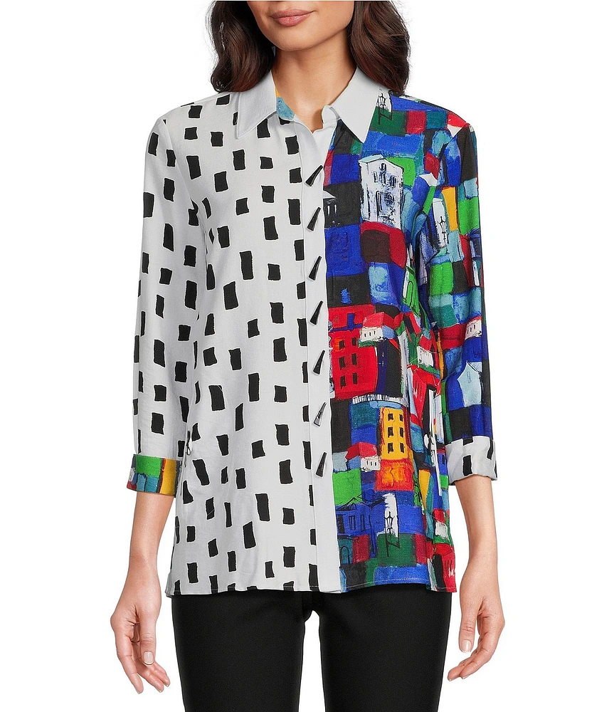 Ali Miles Petite Size Woven City Windowpane Print Point Collar 3/4 Sleeve Button Front Tunic