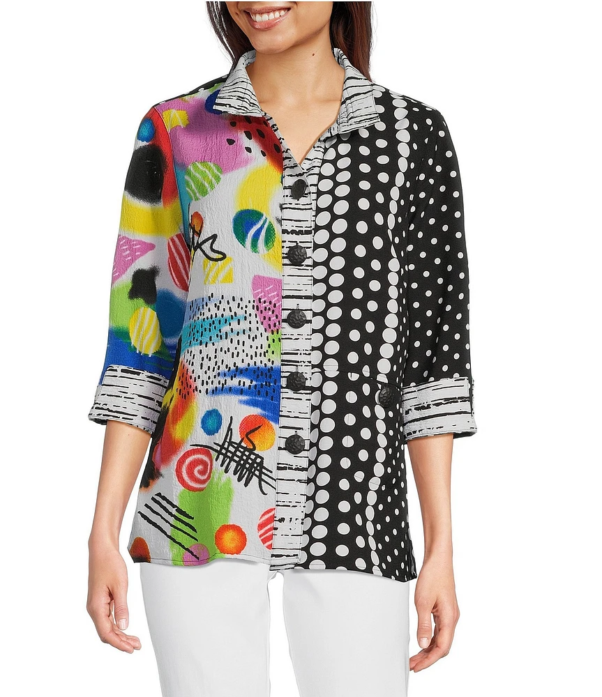 Ali Miles Petite Size Woven Abstract Print Wire Collar 3/4 Sleeve Button Front Tunic