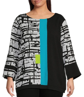 Ali Miles Plus Size Mixed-Media Abstract Printed Round Neck 3/4 Sleeve Top