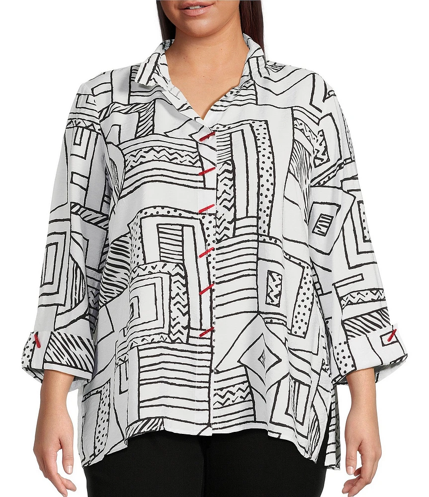 Ali Miles Plus Size Printed Woven Wire Collar 3/4 Sleeve Button-Front Blouse