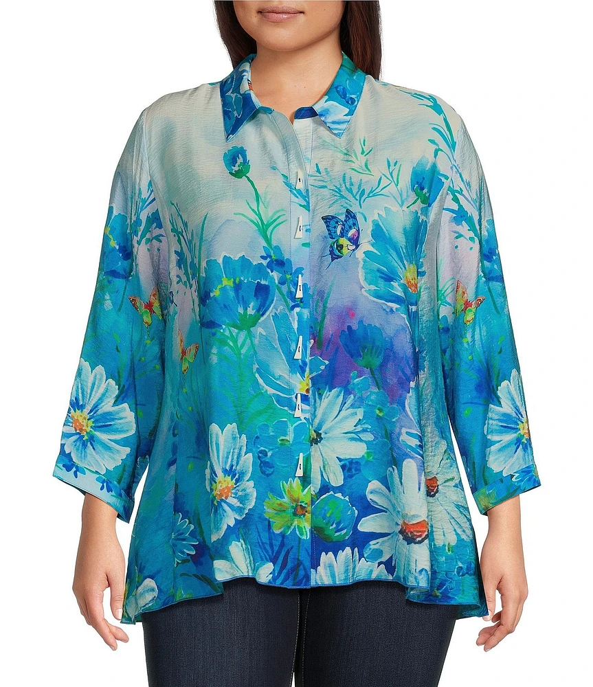 Ali Miles Plus Size Floral Butterfly Woven Printed Point Collar 3/4 Sleeve Button Front Tunic