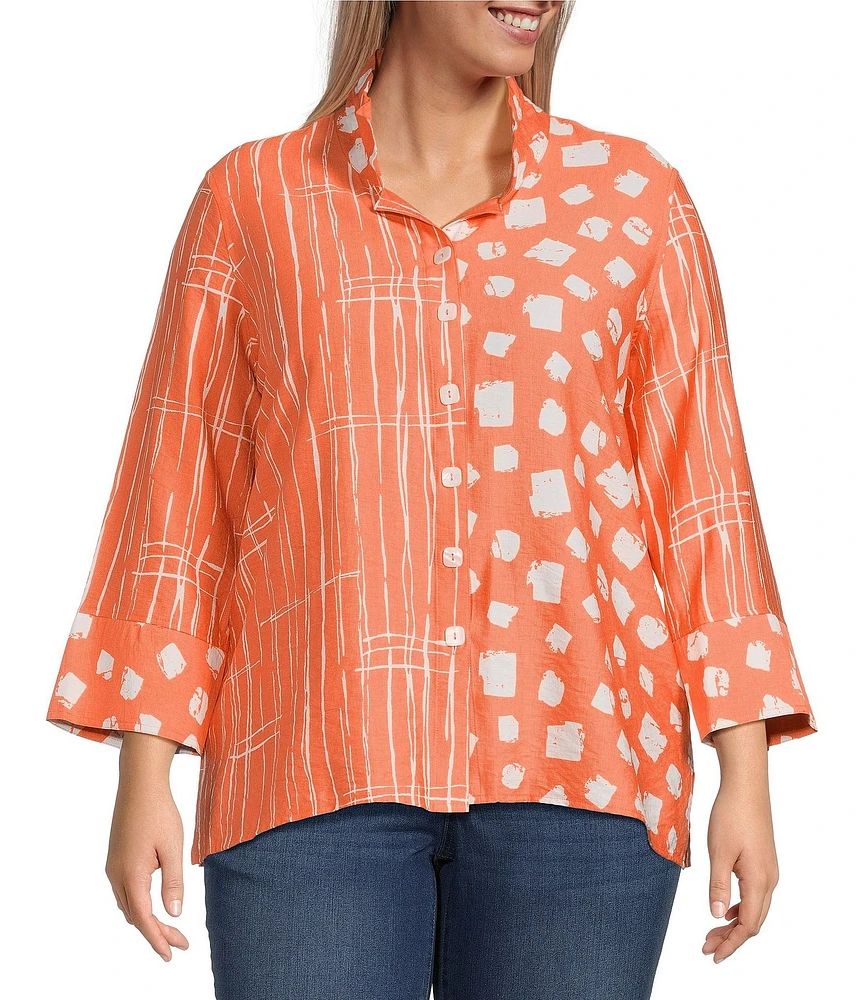 Ali Miles Plus Size Woven Printed Wire Collar 3/4 Sleeve Button-Front Tunic