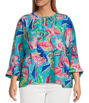 Ali Miles Plus Size Woven Tropical Leaf Print Round Neck 3/4 Sleeve Top