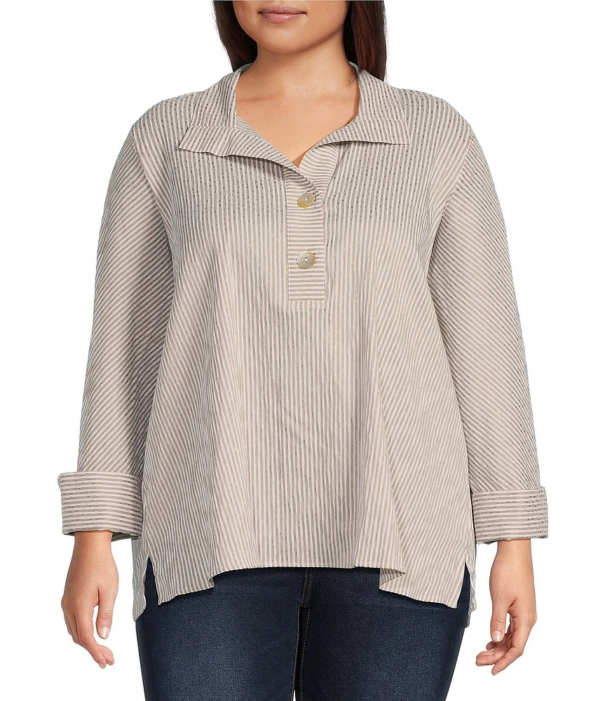 Ali Miles Plus Size Yarn-Dye Crinkle Stripe Point Collar 3/4 Sleeve Top