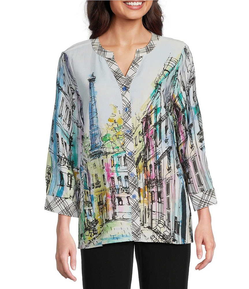 Ali Miles Printed Mandarin Collar 3/4 Adjustable Sleeve Hi-Low Hem Tunic