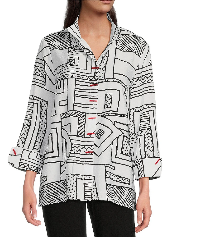 Ali Miles Printed Wire Collar 3/4 Sleeve Button Front Side Slit Tunic