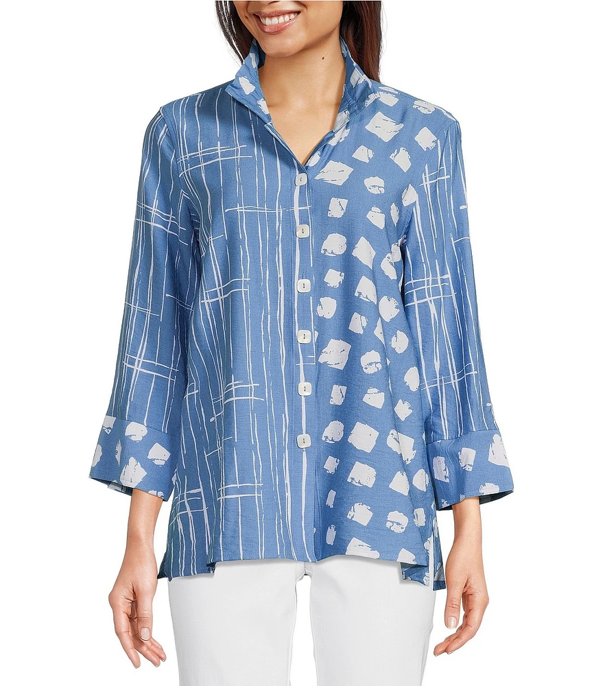 Ali Miles Printed Wire Collar 3/4 Sleeve Button-Front Tunic
