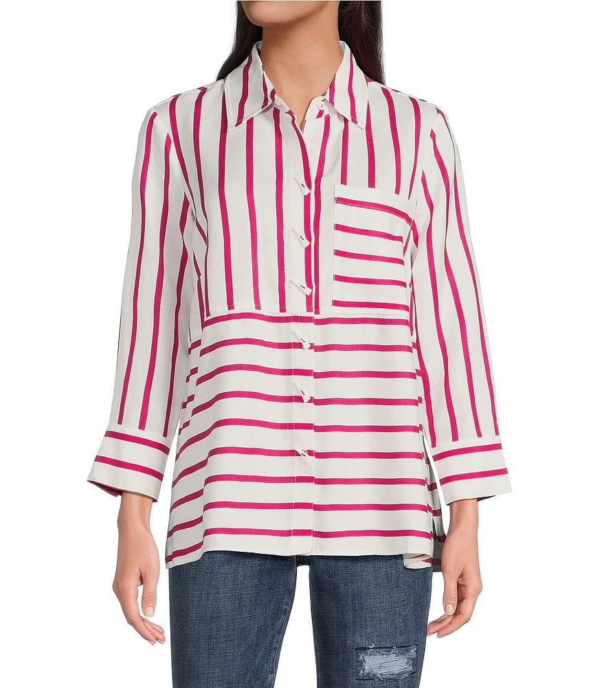 Ali Miles Stripe Point Collar 3/4 Sleeve Button Front Tunic