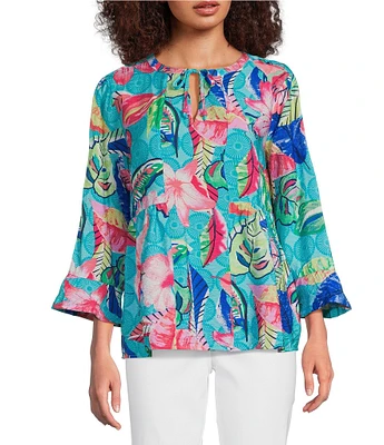 Ali Miles Tropical Leaf Print Round Neck 3/4 Sleeve Top