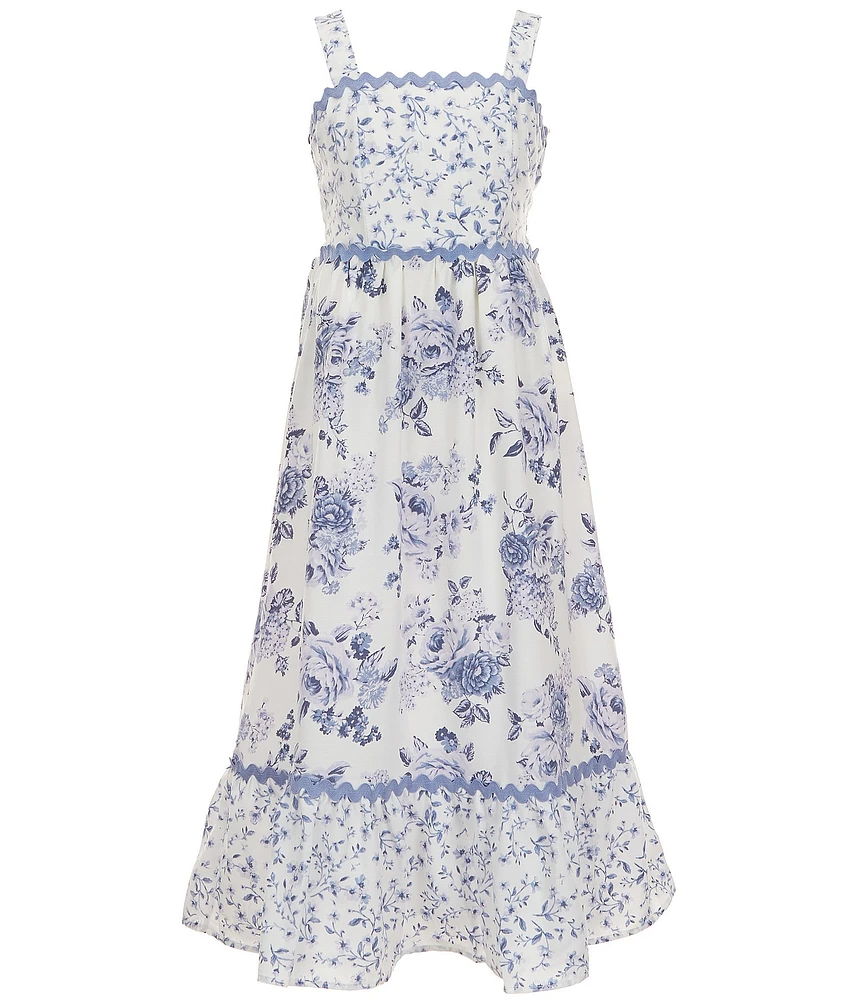 Allison & Kelly Big Girls Toile Floral Twin-Print Ric Rac Long A-Line Dress