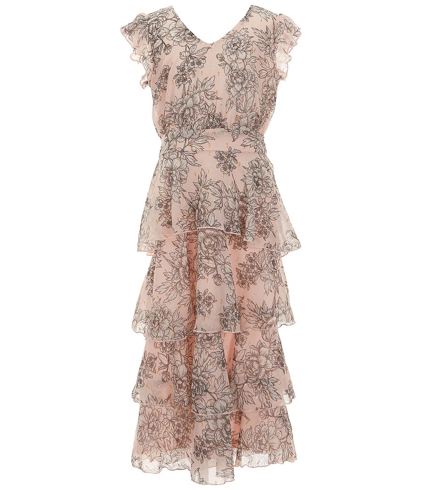 Allison & Kelly Big Girls Flutter-Sleeve Floral-Printed Metallic Jacquard Long Dress
