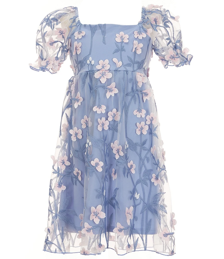 Allison & Kelly Big Girls Puffed-Sleeve Floral-Embroidered Mesh Empire-Waist Dress