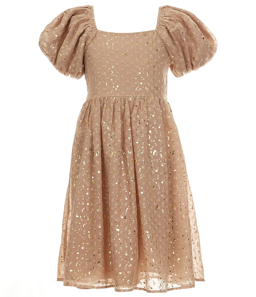 Allison & Kelly Big Girls Puffed-Sleeve Foiled-Clip-Dot Fit-And-Flare Dress