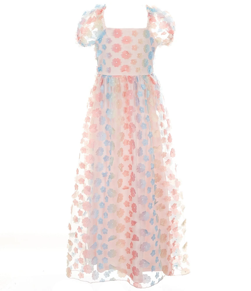 Allison & Kelly Big Girls Short Puff Sleeves Ombre Mesh 3D Flower Dress