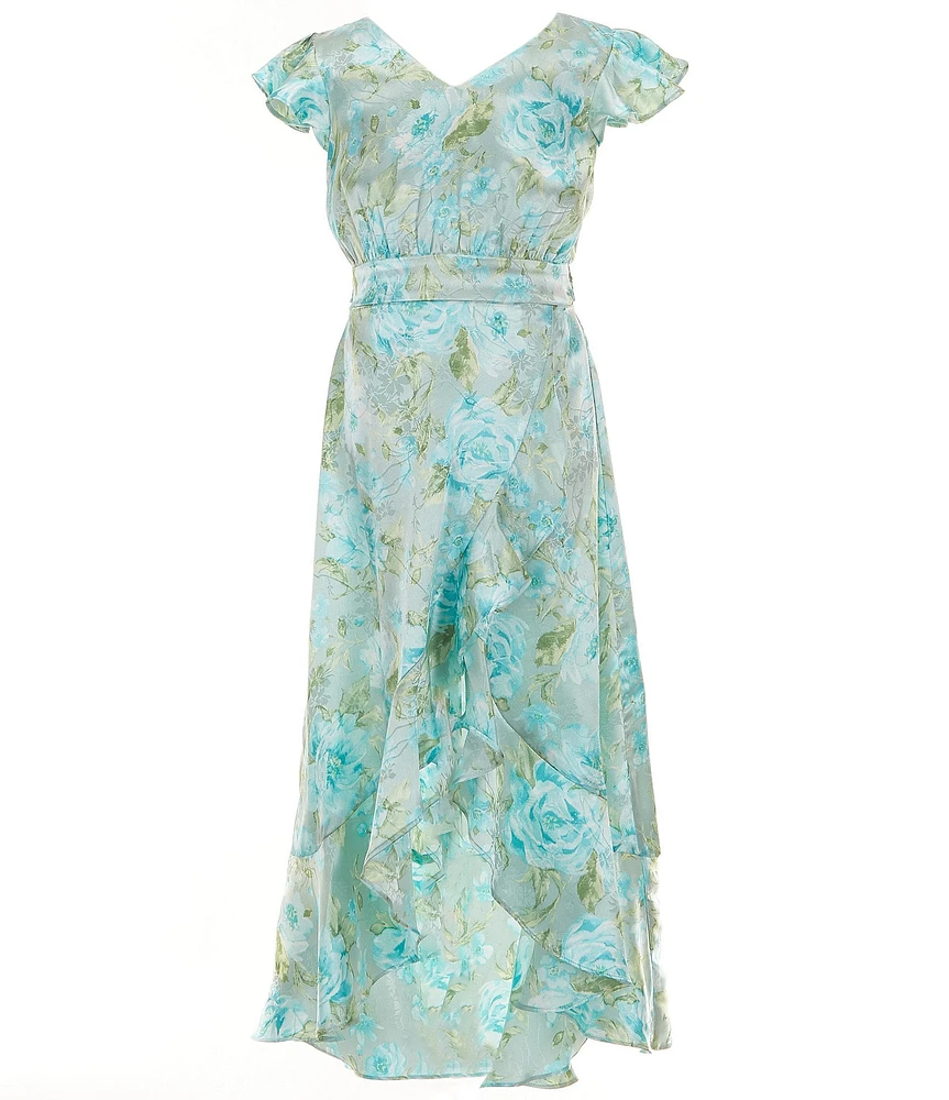 Allison & Kelly Big Girls Short Ruffle Sleeve Floral Satin Jacquard High-Low Dress
