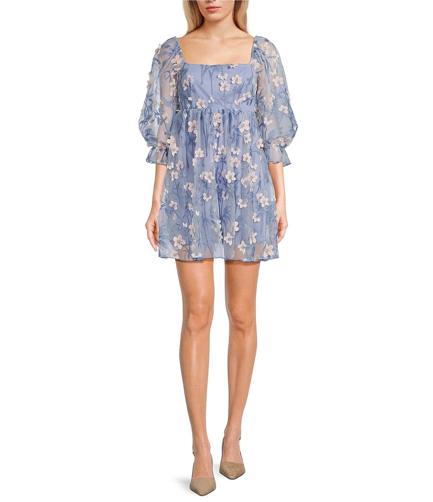 Allison & Kelly 3D Floral Embroidered Mesh Square Neck Embellished 3/4 Sleeve Babydoll Dress
