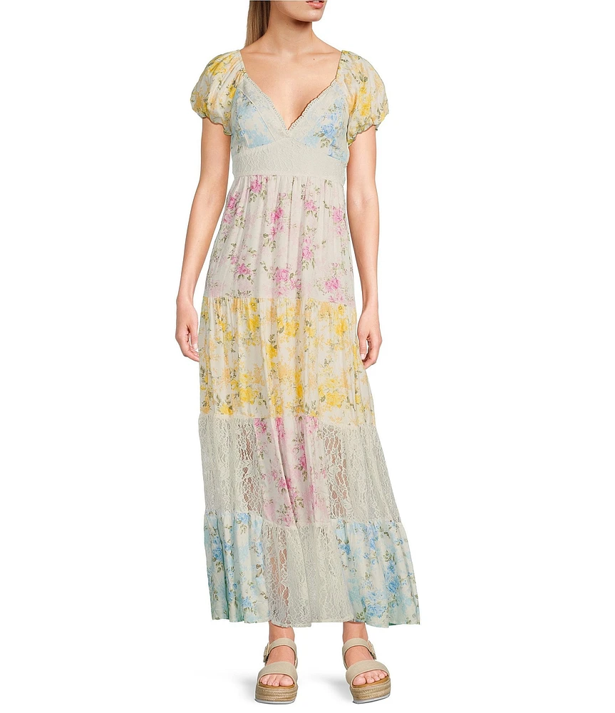 Allison & Kelly Floral Patchwork Printed V-Neck Short Sleeve Maxi Dress
