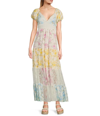 Allison & Kelly Floral Patchwork Printed V-Neck Short Sleeve Maxi Dress