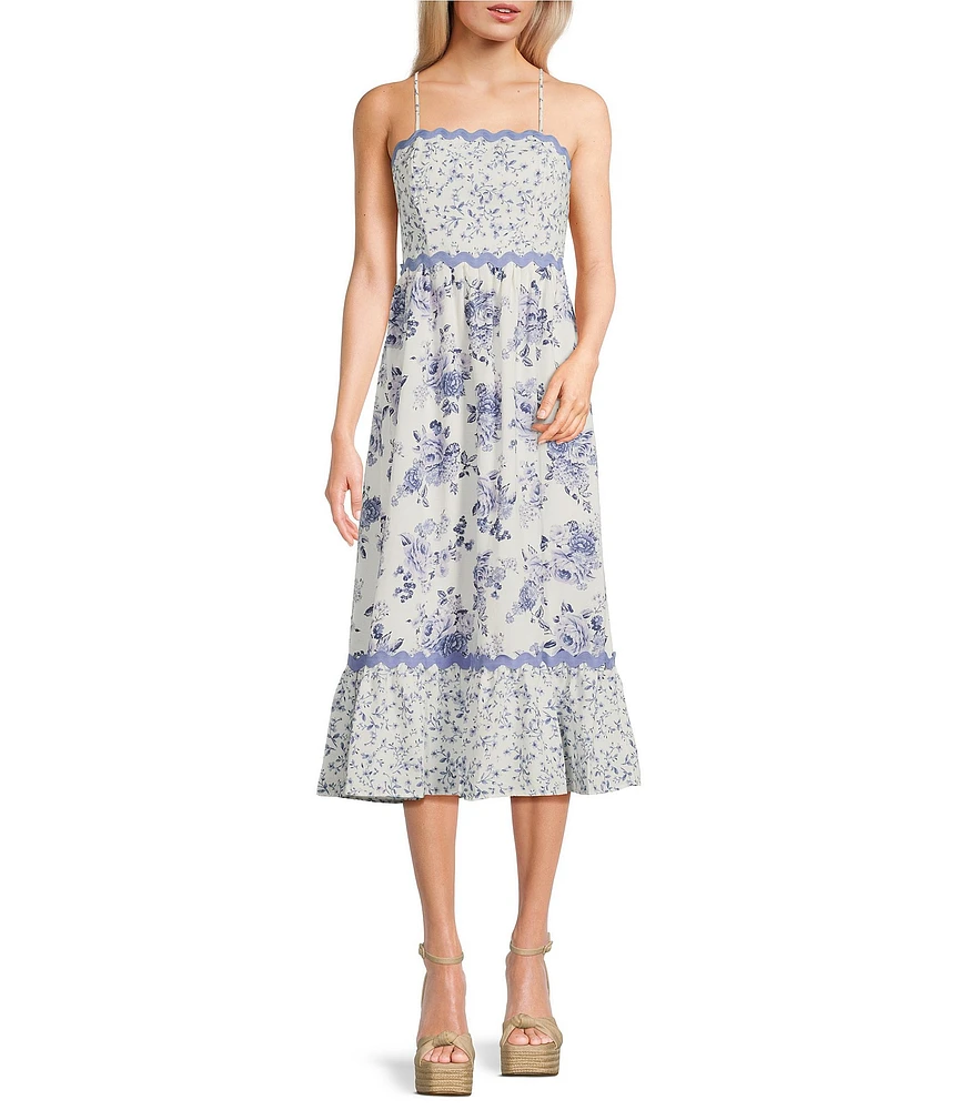 Allison & Kelly Floral Print Ricrac Trim Square Neck Spaghetti Strap Dress