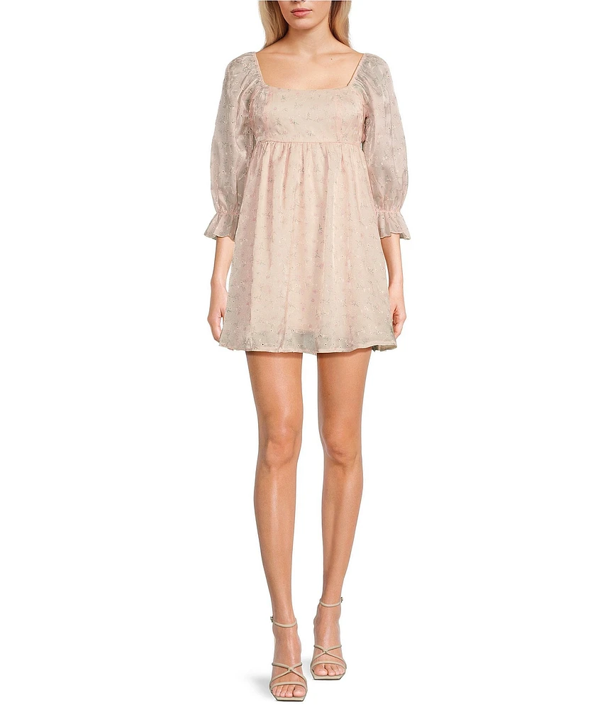 Allison & Kelly Floral Print Square Neck 3/4 Puff Sleeve Babydoll Dress