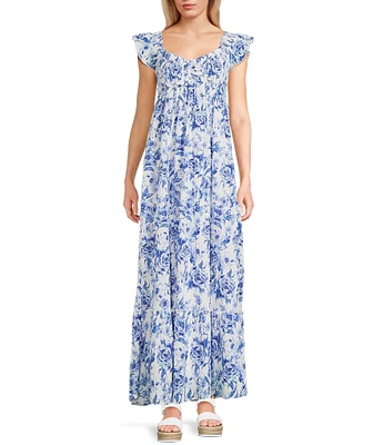 Allison & Kelly Floral Print V-Neck Flutter Sleeve Smocked Maxi Dress