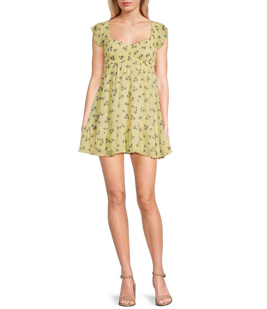 Allison & Kelly Floral Print V-Neck Short Flutter Sleeve Smocked Babydoll Dress