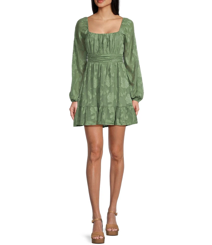 Allison & Kelly Jacquard Floral Print Square Neck Long Sleeve Tie Back Dress