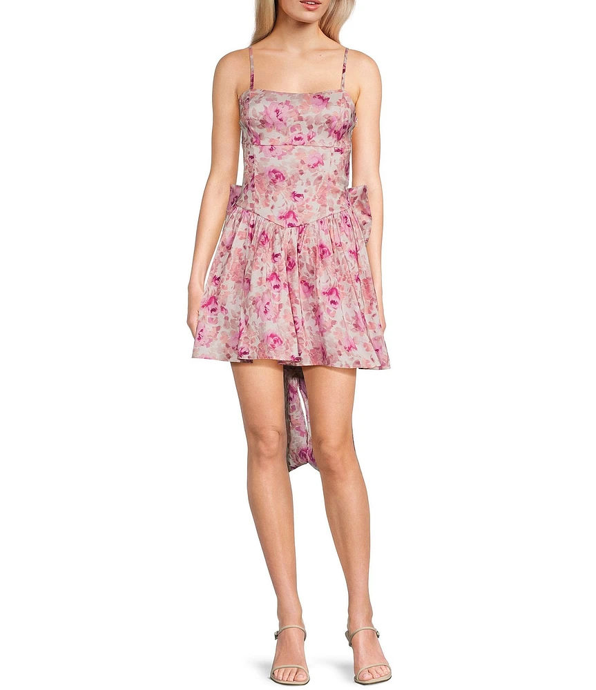 Allison & Kelly Sleeveless Taffeta Floral Print Square Neck Tie Back Dress