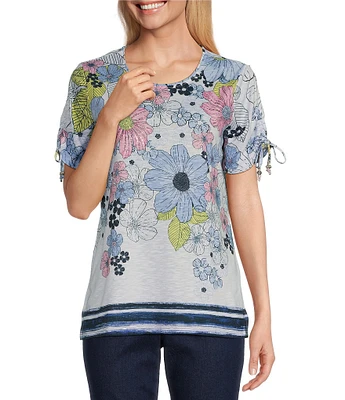 Allison Daley Daisy Cascade Border Print Short Ruched Tie Sleeve Crew Neck Knit Top
