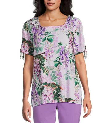 Allison Daley Embellished Floral Print Short Ruched Tie Sleeve Square Neck Knit Top