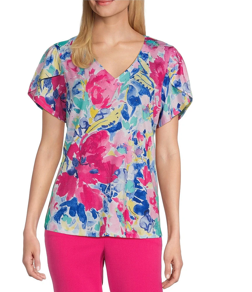 Allison Daley Embellished Floral Print Short Tulip Sleeve V-Neck Knit Top