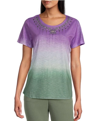 Allison Daley Embellished Ombre Print Short Sleeve Crew Neck Knit Top