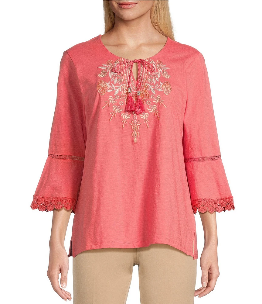 Allison Daley Embroidered 3/4 Flare Sleeve Split Round Neck Top