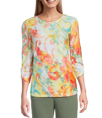 Allison Daley Ikat Floral Print 3/4 Ruched Sleeve Crew Neck Linear Jacquard Knit Top