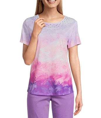 Allison Daley Petite Size Amethyst Sunset Print Short Sleeve Crew Neck Knit Top
