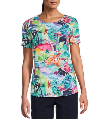 Allison Daley Petite Size Balinese Breeze Print Short Sleeve Crew Neck Knit Top