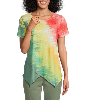 Allison Daley Petite Size Brushstroke Ombre Print Short Sleeve Crew Neck Handkerchief Hem Slub Jersey Knit Top