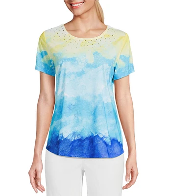 Allison Daley Petite Size Cool Sunset Print Short Sleeve Crew Neck Knit Top