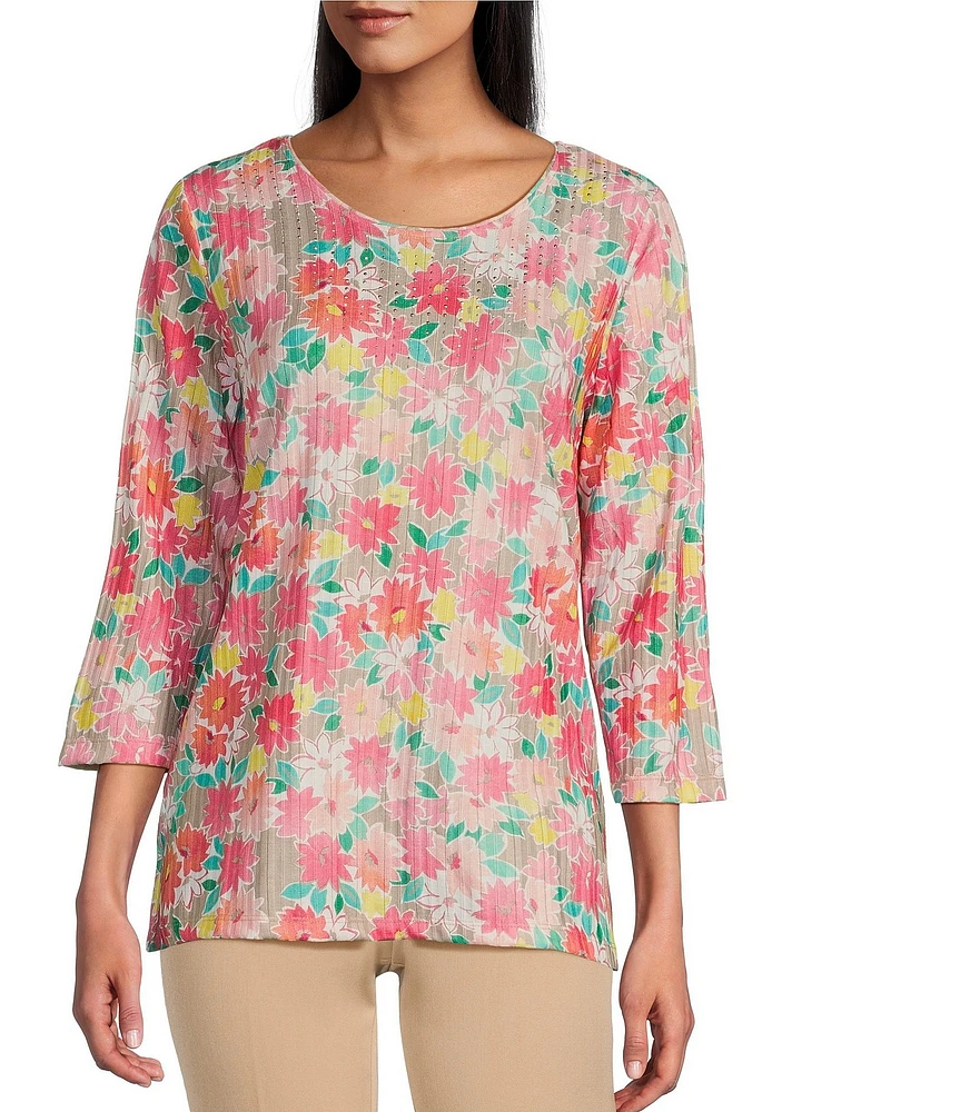Allison Daley Petite Size Embellished Cheerful Daisy Print 3/4 Sleeve Crew Neck Knit Top