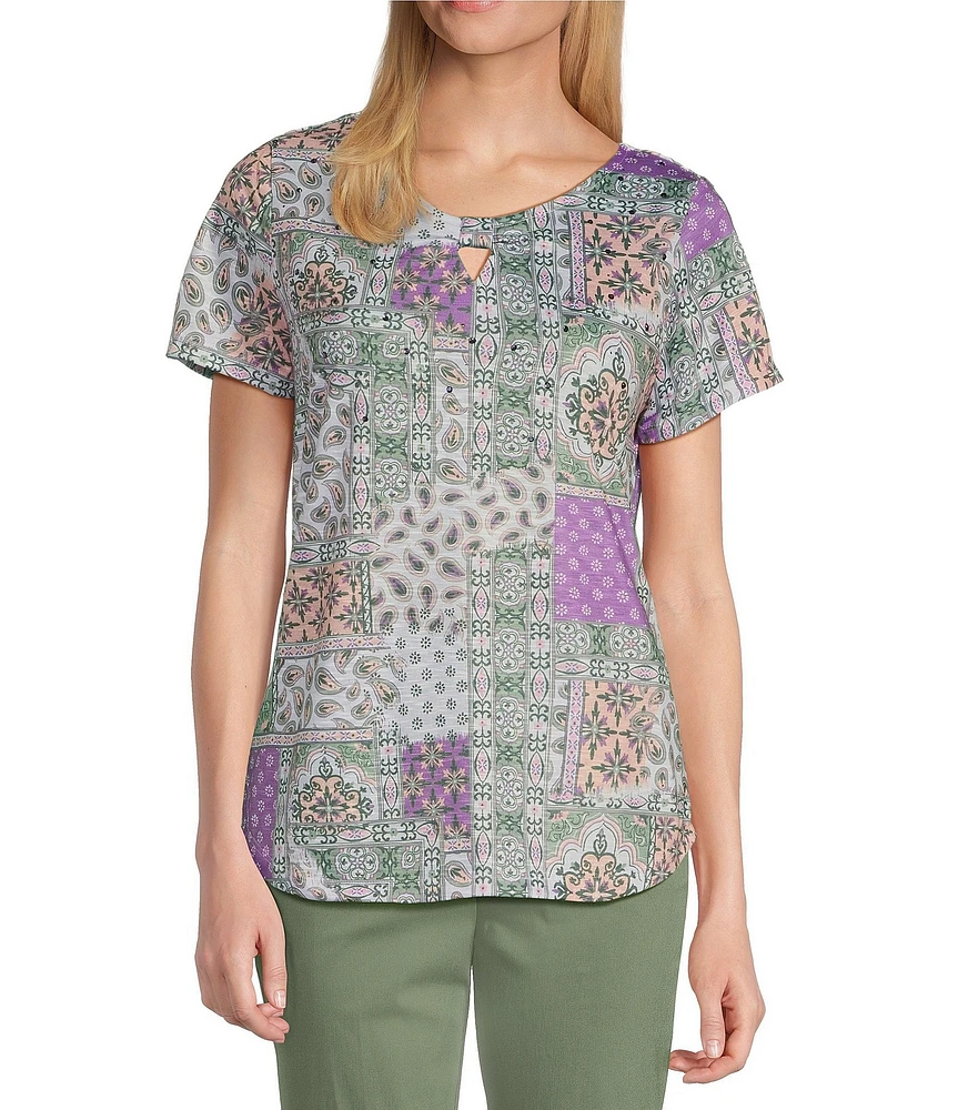 Allison Daley Petite Size Embellished Paisley Patch Print Short Sleeve Keyhole Neck Knit Top