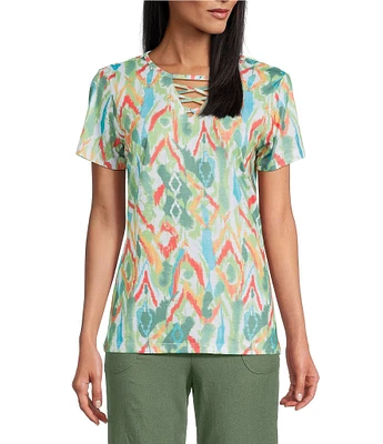 Allison Daley Petite Size Natural Ikat Print Short Sleeve Criss-Cross Keyhole Neck Short Sleeve Jersey Knit Top