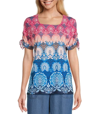 Allison Daley Petite Size Pomegranate Damask Floral Border Print Short Ruched Tie Sleeve Square Neck Knit Top